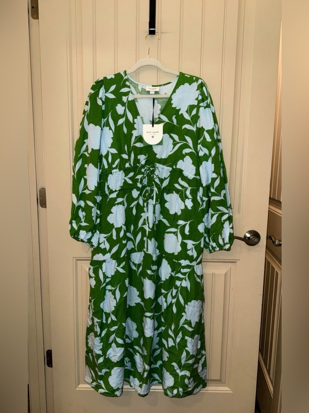 NWT KATE SPADE Target Classic Rose Linen Long Sleeve Maxi Dress Green Blue Large